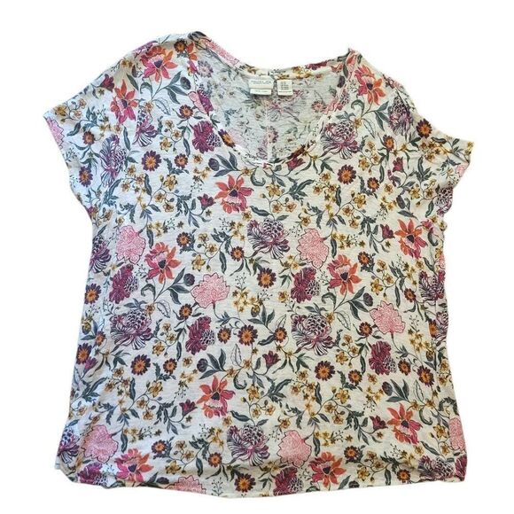 Rachel Zoe Top Women's 2X Multicolor Wildflower Floral Linen Short Sleeve V Neck - Picture 1 of 4